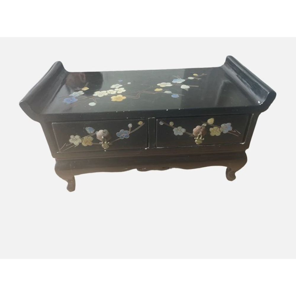 Late 20th Century Black Lacquer Hand Painted Asian Wedding/Jewelry Chest